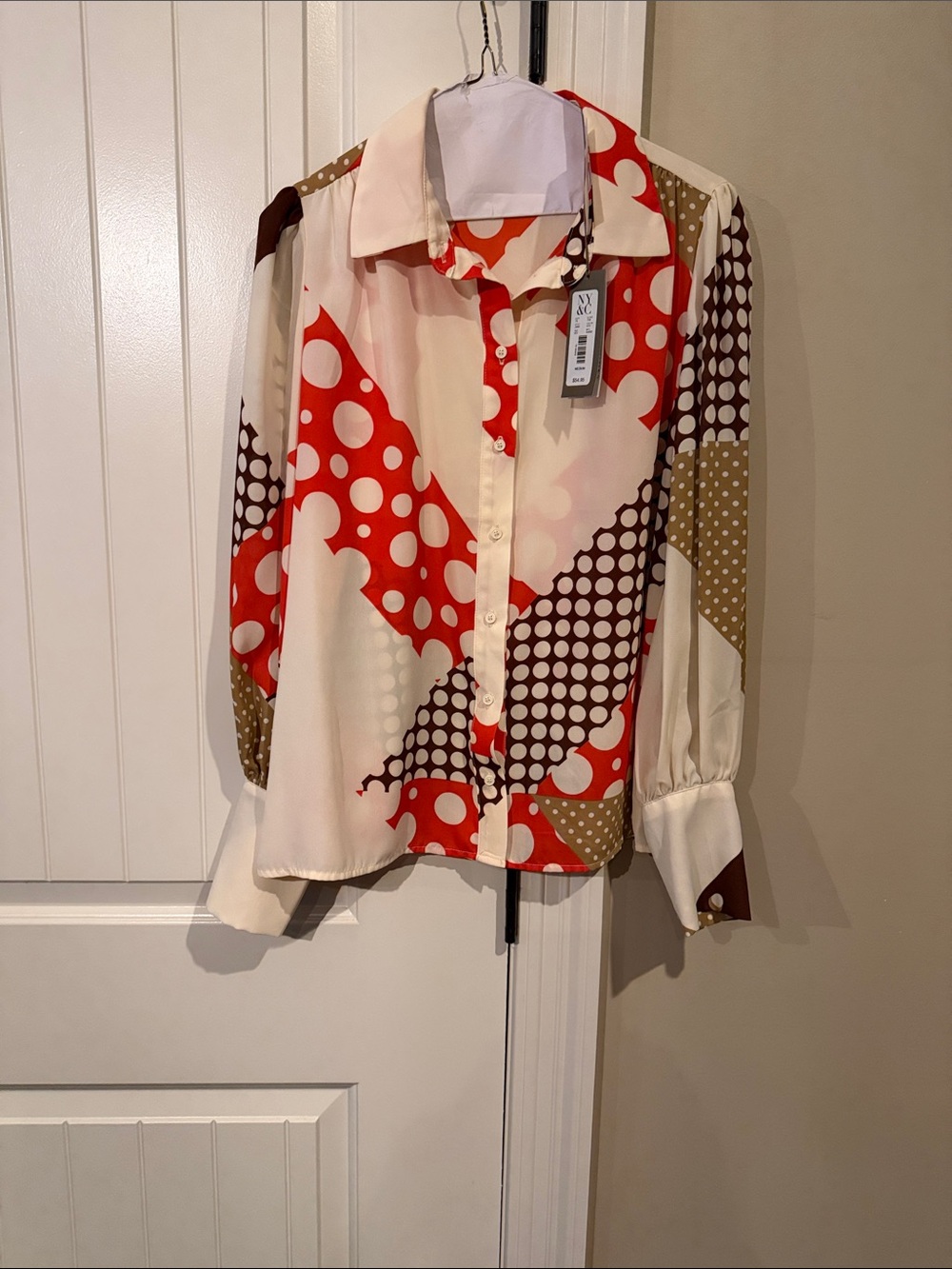 New York & Company Red, Cream & Brown Polka Patch Blouse